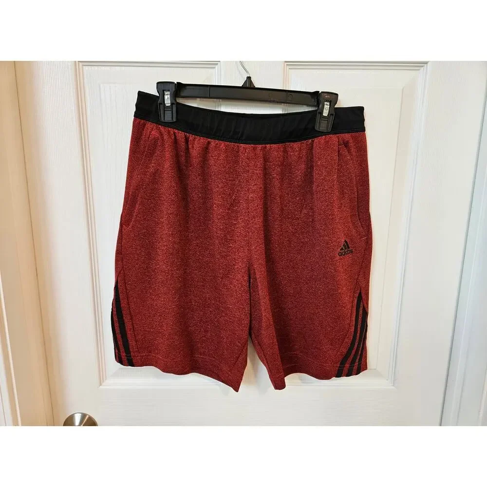 Adidas Men’s Red Heather Athletic Shorts Large Black Stripe Drawstring Training
